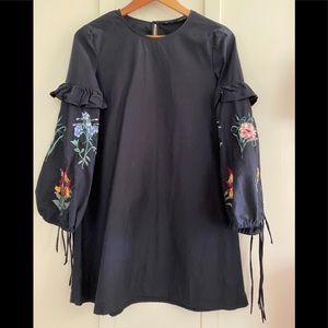 Zara black floral embroidered mini tunic dress XS